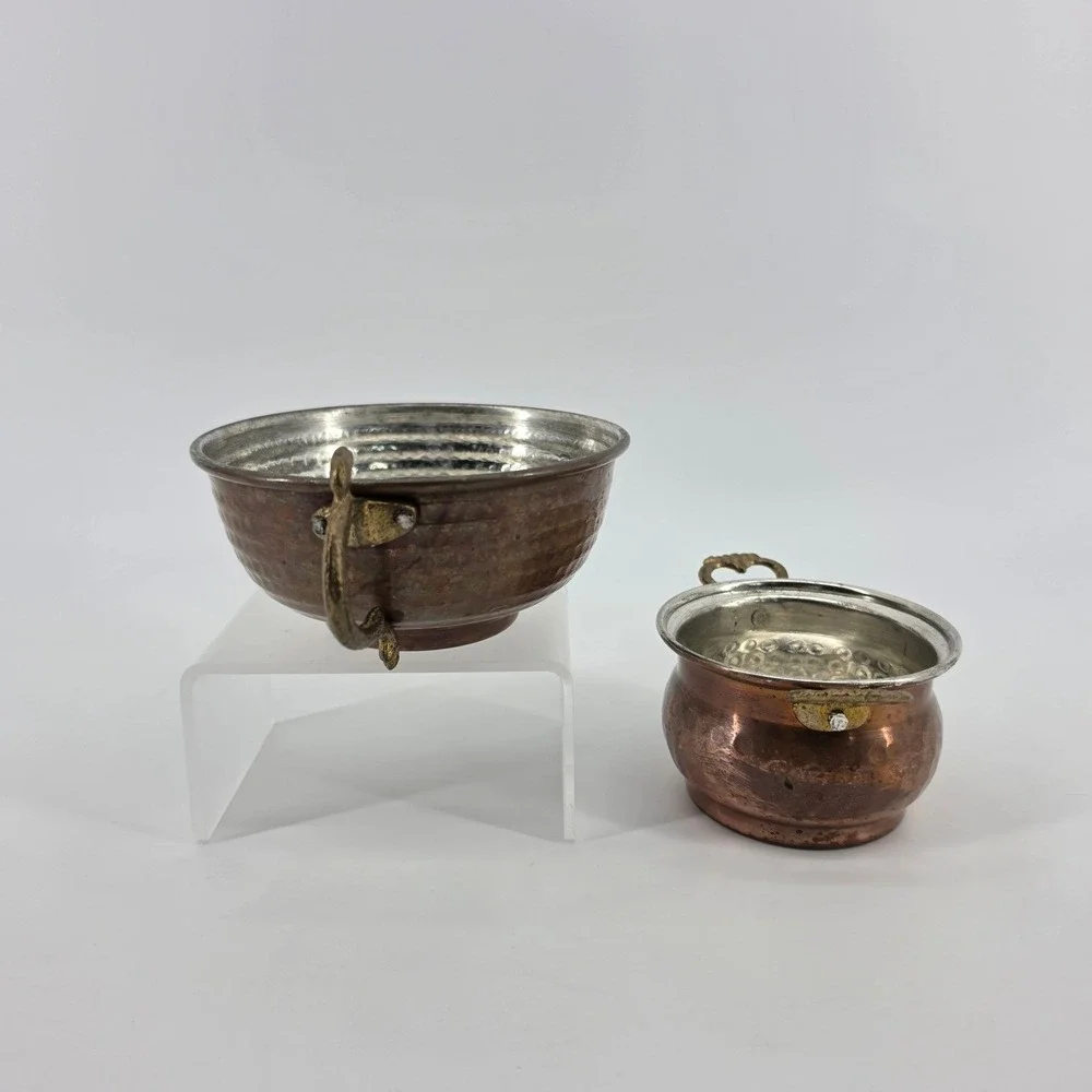 Karaca Turkish Hammered Copper Bowls Set of 2 Tinned Interior Brass Handles